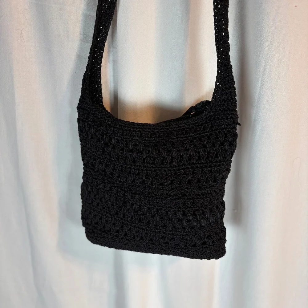 The‎ Sak Black Crochet Crossbody Bag Woven Zip Top Boho Shoulder Purse